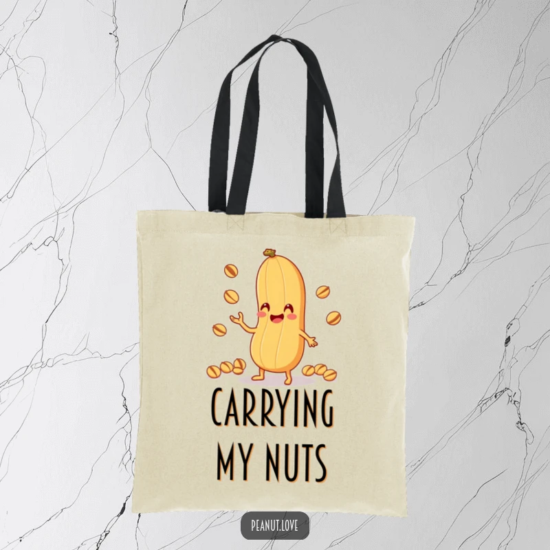 Funny Peanut Juggling Tote Bag: A durable tote with an anthropomorphic peanut character comically juggling tiny nuts with its shell, bringing nutty humor, funny gift.