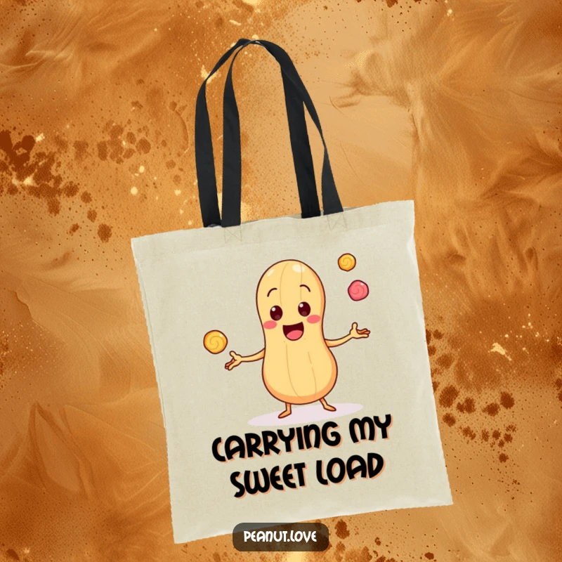 Funny Tote Bag: Cheerful Peanut Character Juggling Tiny Bouncing Candy Pieces, Ideal for Sweet Outings