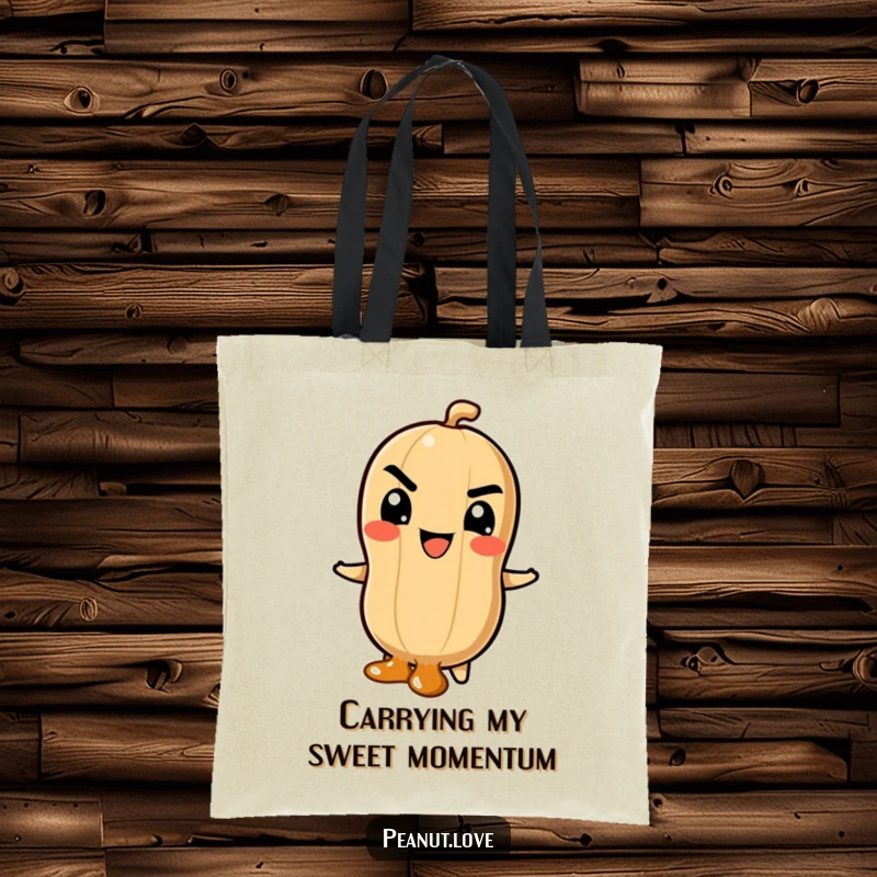 Funny Tote Bag: Peanut Character with Mischievous Grin Sliding Down a Caramel Swirl, Ideal for Sweet Outings