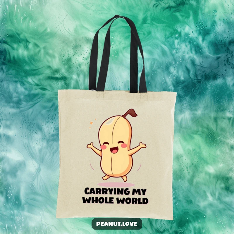 Funny tote bag with a slightly dizzy peanut character in a joyful, spinning pose, perfect for carrying essentials.