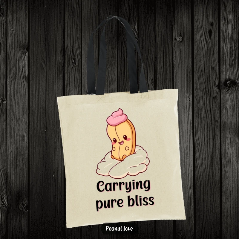 Funny Peanut Whipped Cream Tote Bag: A peanut gleefully rolls down whipped cream. Sweet accessory, charming funny gift.