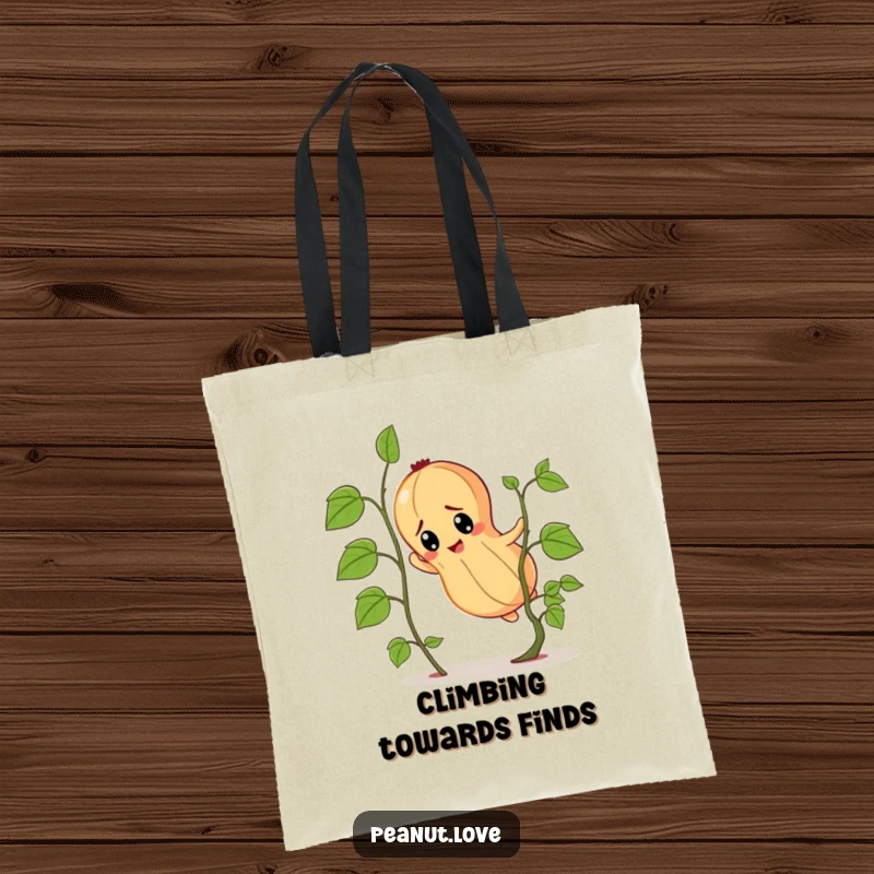 Funny determined peanut character tote bag, shown diligently climbing a very small vine.