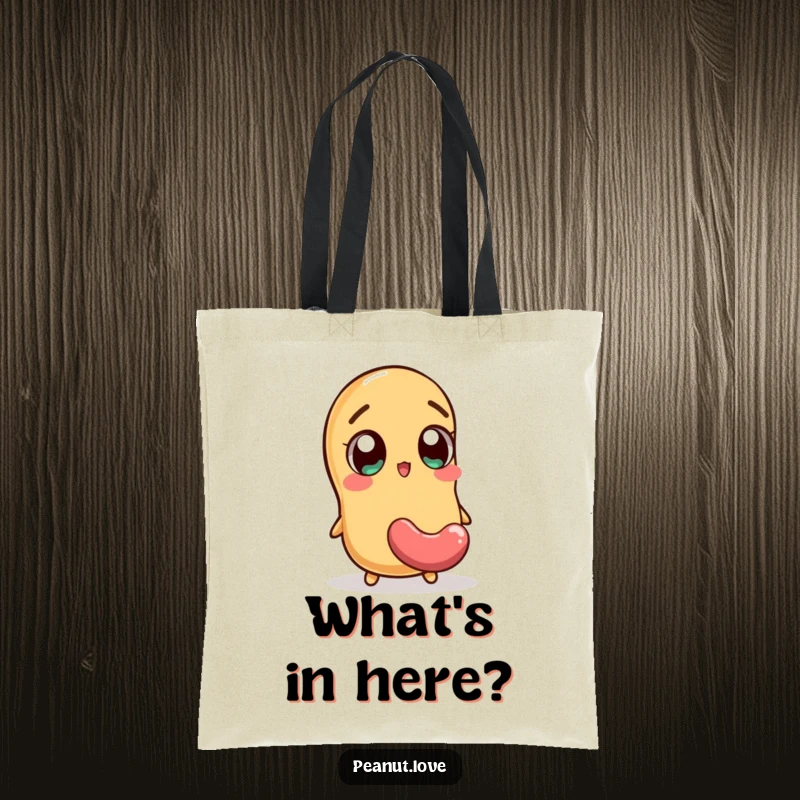 Funny tote bag featuring a peanut character with wide, excited eyes and a falling jellybean, a humorous and practical accessory.