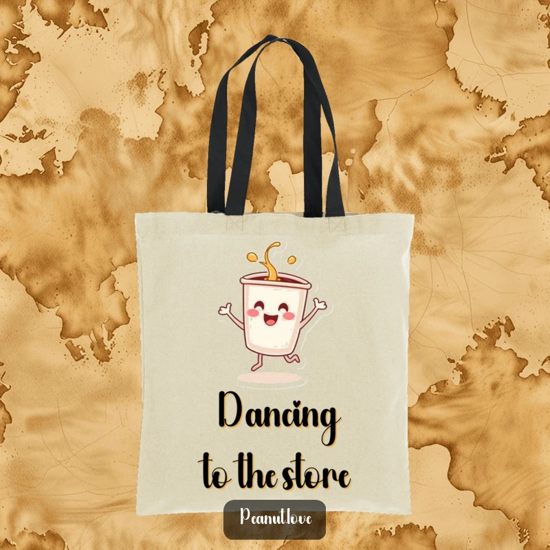 Funny tote bag of a smiling coffee cup character dancing energetically and spilling.