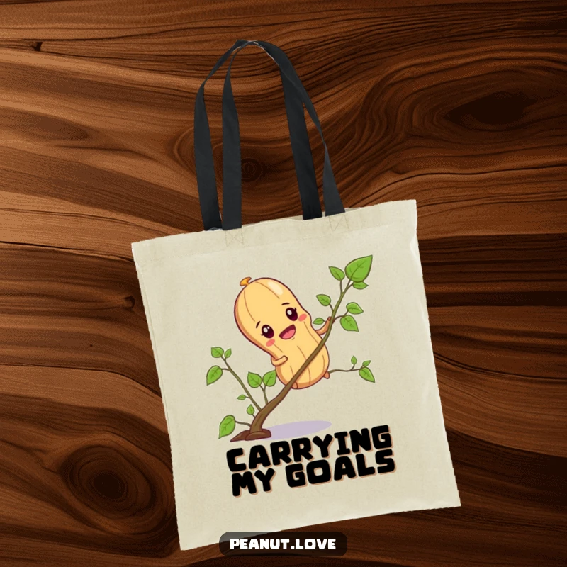 Funny tote bag with a determined peanut character climbing a small vine, ready for carrying essentials on ambitious journeys.