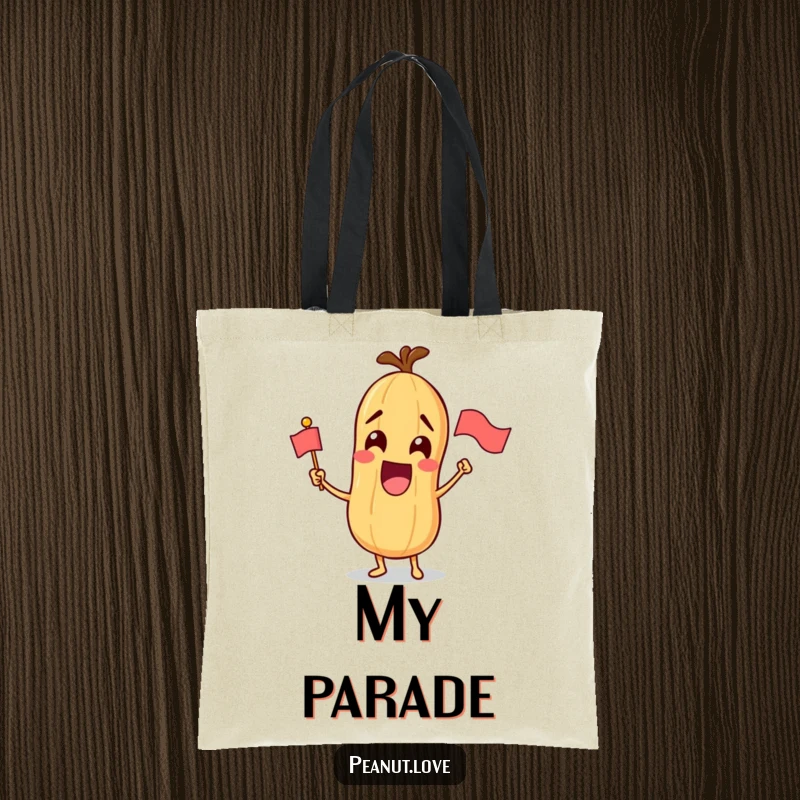 Funny tote bag with a lively peanut character enthusiastically waving a small flag, symbolizing celebration and joy.