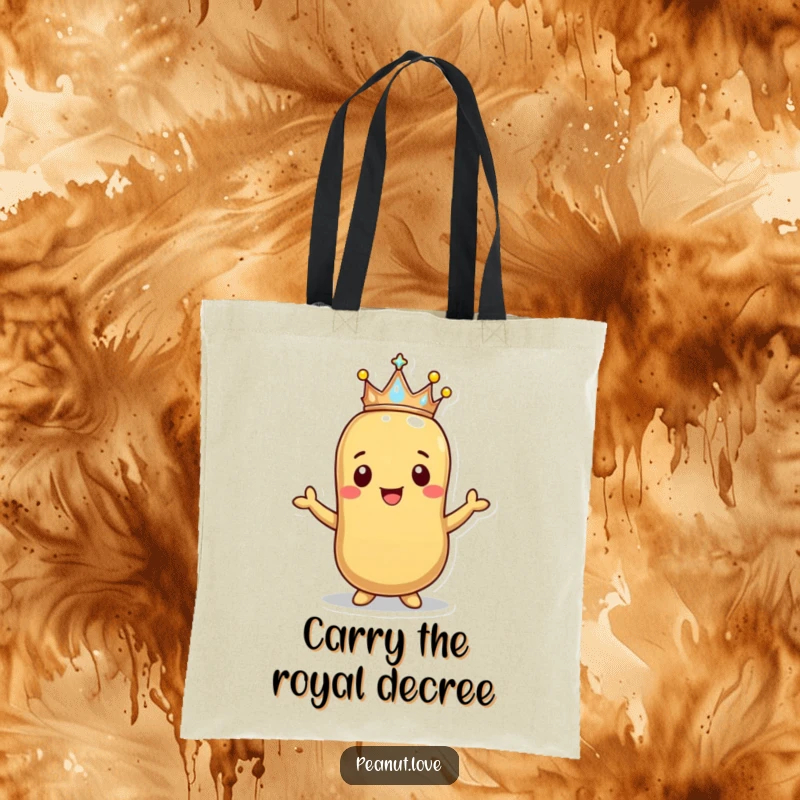 Funny Happy Peanut Crown Tote Bag: A smiling peanut offers a tiny sparkling crown. A regal and funny accessory, giftable.