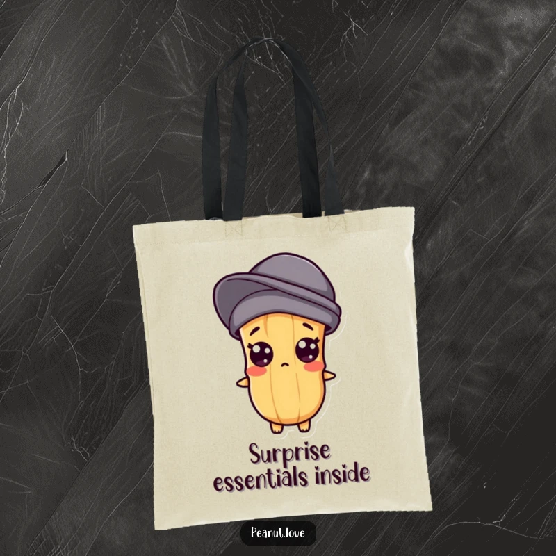 Funny tote bag showcasing a Kawaii peanut character with wide, popping eyes, expressing a moment of pure shock.