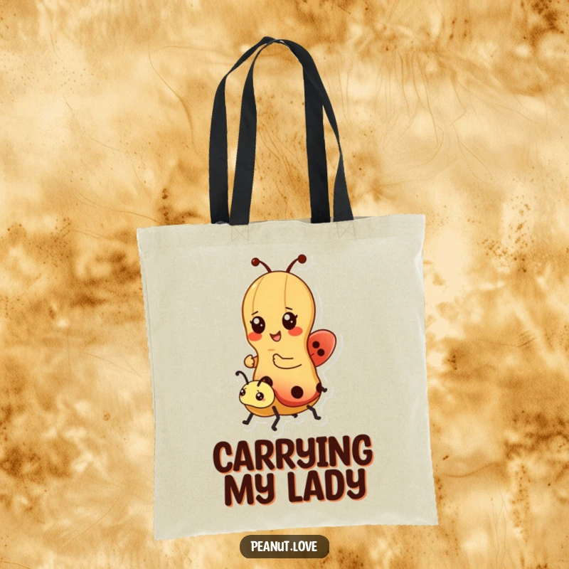 Funny tote bag showing a kawaii peanut character riding a ladybug, perfect for cheerful errands and gifting.
