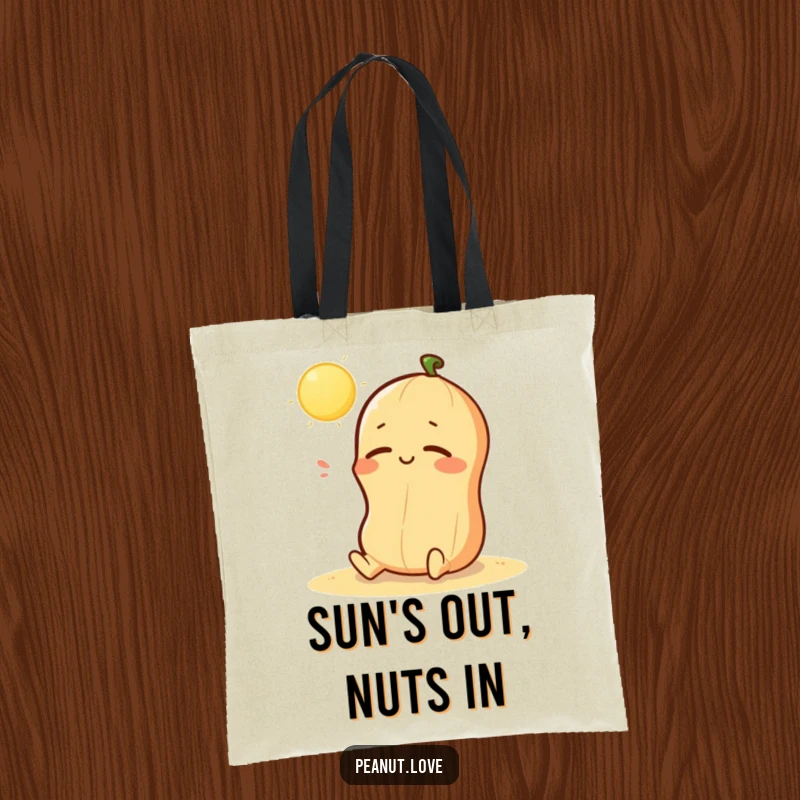 Funny tote bag showing a kawaii peanut character sunbathing peacefully, perfect for carrying essentials with a relaxed vibe; a gift.