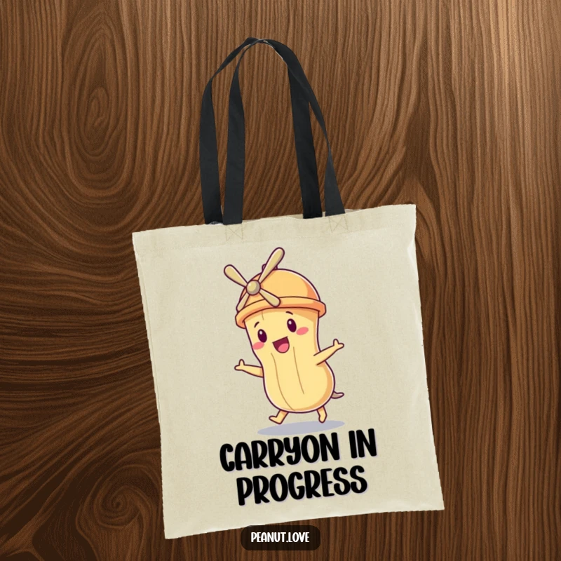 Funny tote bag with a peanut character wearing a propeller hat, humorously attempting to fly and carry items.