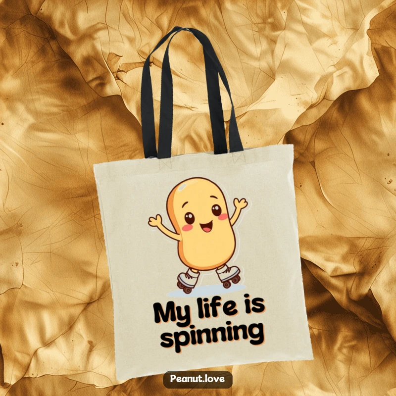 Funny tote bag with a smiling peanut character in roller skates, captured mid-spin, ready for errands with nutty flair.