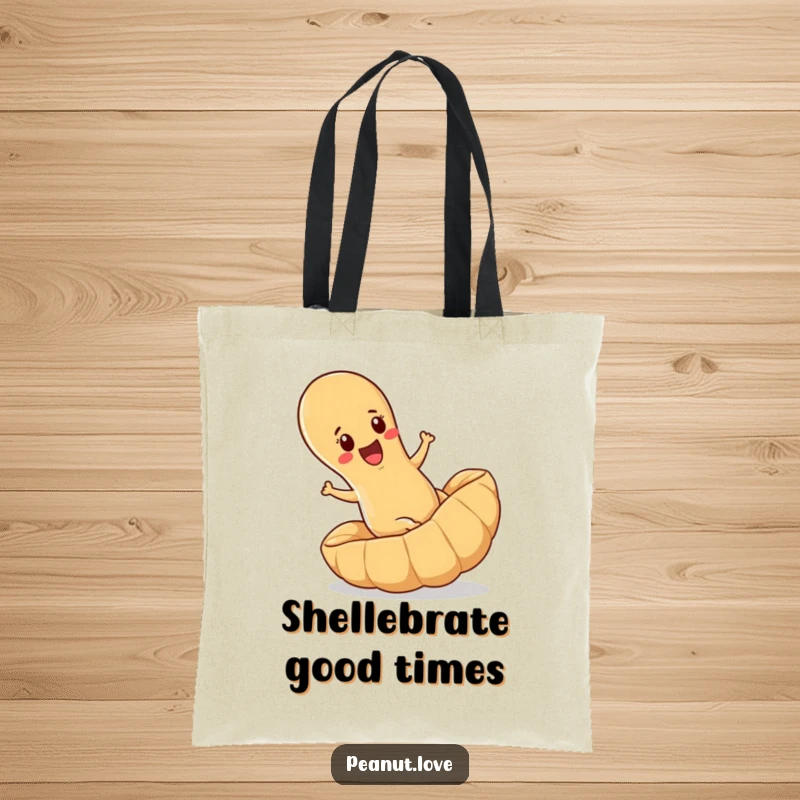 Funny tote bag illustrating a determined peanut joyfully rolling downhill inside a large peanut shell, ideal for market trips.