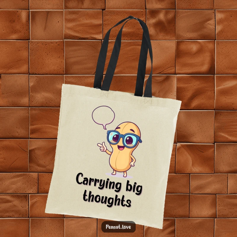 Funny tote bag with a peppy peanut in oversized glasses, pointing at a thought bubble, showcasing a fun, intelligent design.