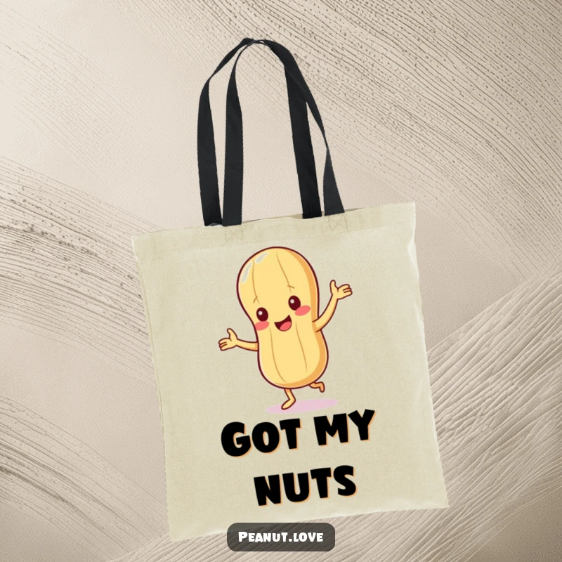 Funny Peanut Tote Bag: A giggling peanut character happily dancing, perfect for carrying groceries and smiles.