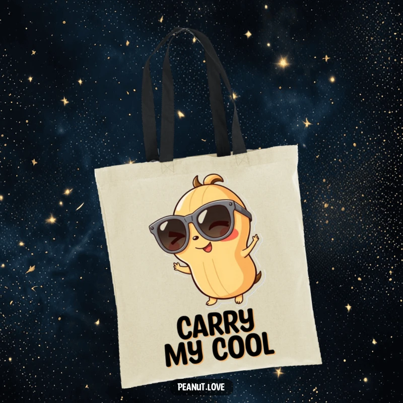 Funny playful peanut tote bag with a character in large sunglasses winking, perfect for carrying essentials with style, a funny gift.