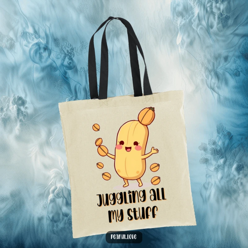 Funny playful peanut character tote bag, illustrated while joyfully juggling nuts with impressive skill.