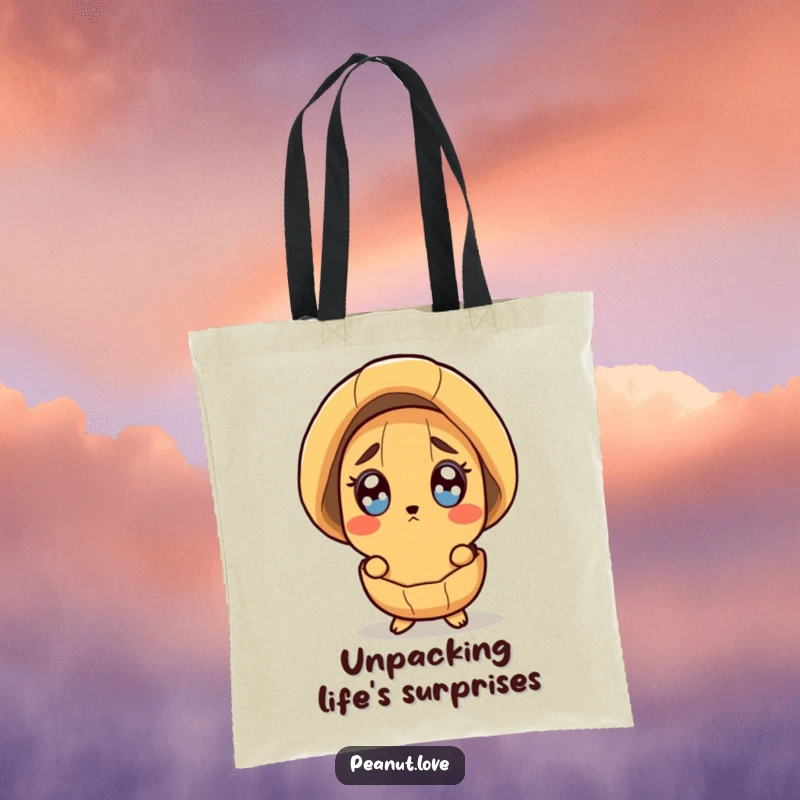 Funny tote bag depicting a surprised peanut character peeking from its shell with wide eyes, perfect for groceries.