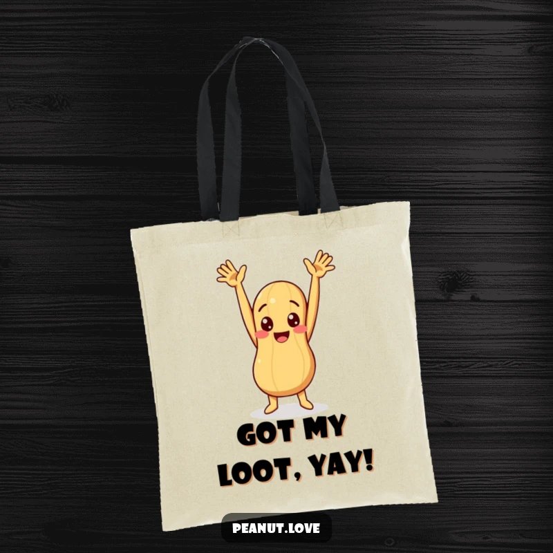 Funny tote bag featuring a peanut character with arms raised in a humorous, celebratory, and joyful pose.