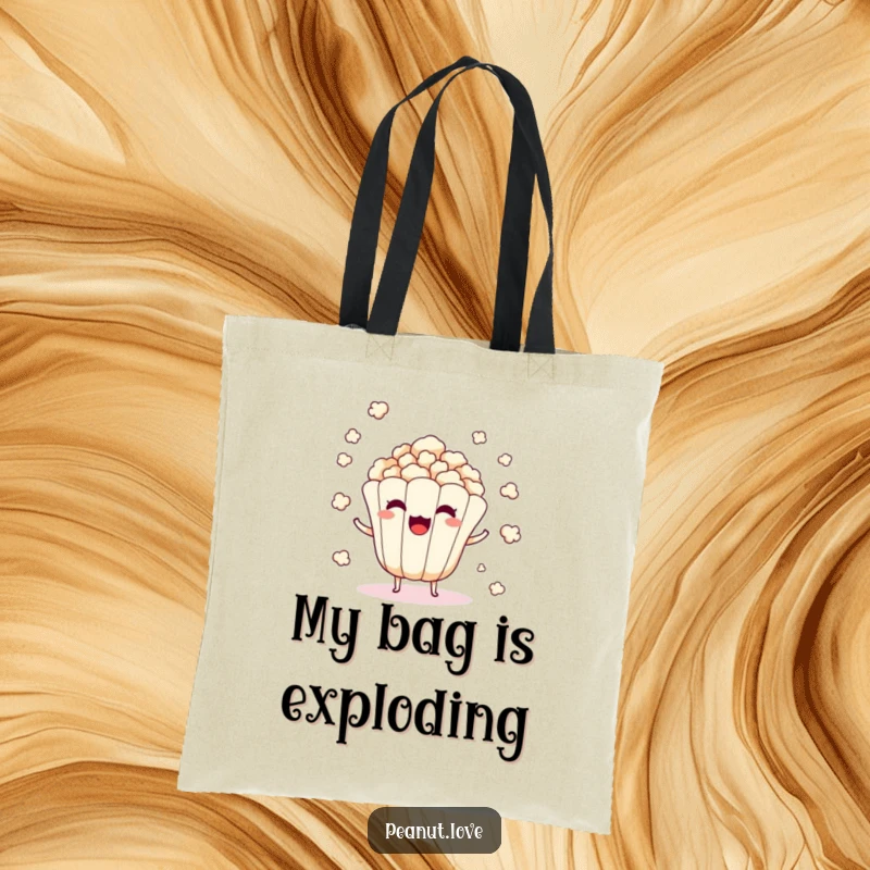 Funny tote bag of a surprised popcorn kernel character popping and scattering kernels.