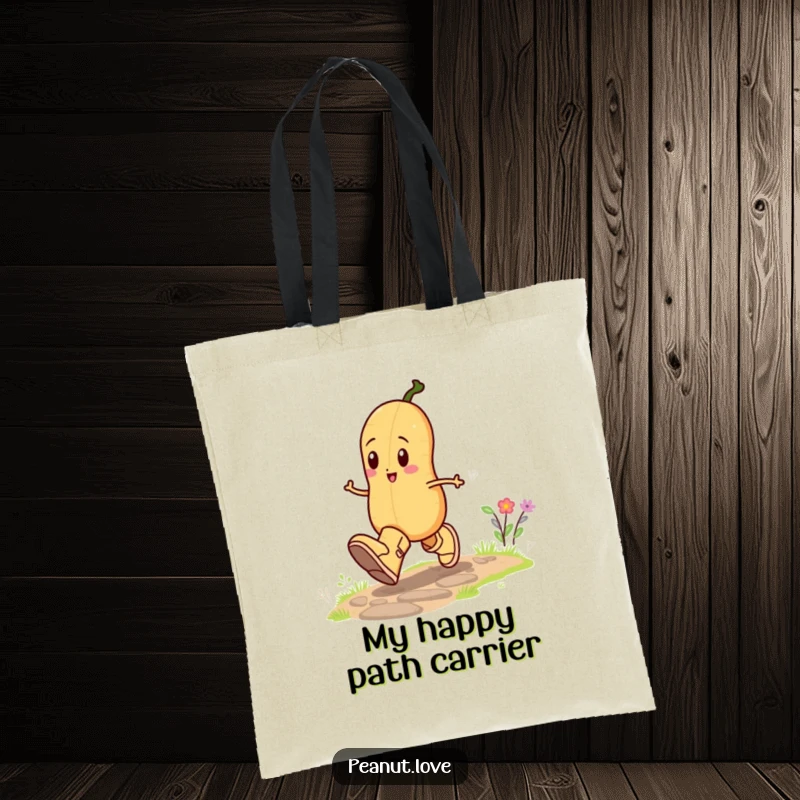 Funny tote bag showcasing a peanut character joyfully skipping in oversized boots, designed for carrying essentials with a smile and a whimsical touch.