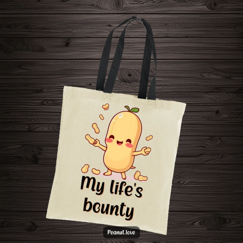 Funny canvas tote bag with a delightful Kawaii peanut character juggling smaller peanuts, perfect for shopping and daily use.
