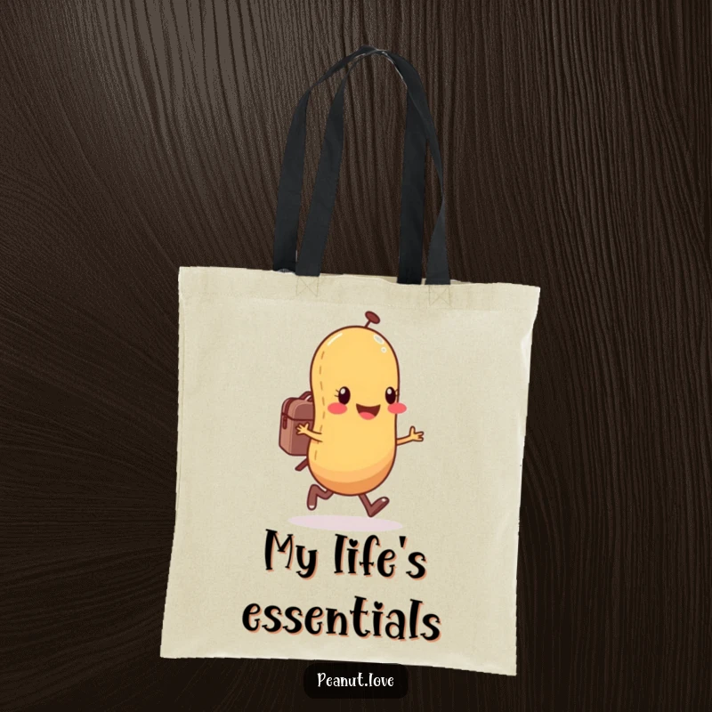 Funny anthropomorphic peanut character tote bag featuring a happy peanut skipping with a small backpack, ideal for carrying essentials.