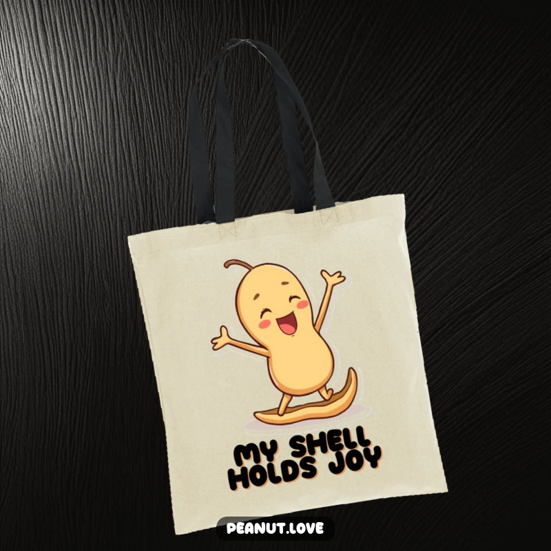 Funny tote bag with a joyful peanut character jumping with excitement inside a shell, perfect for carrying happiness and essentials.